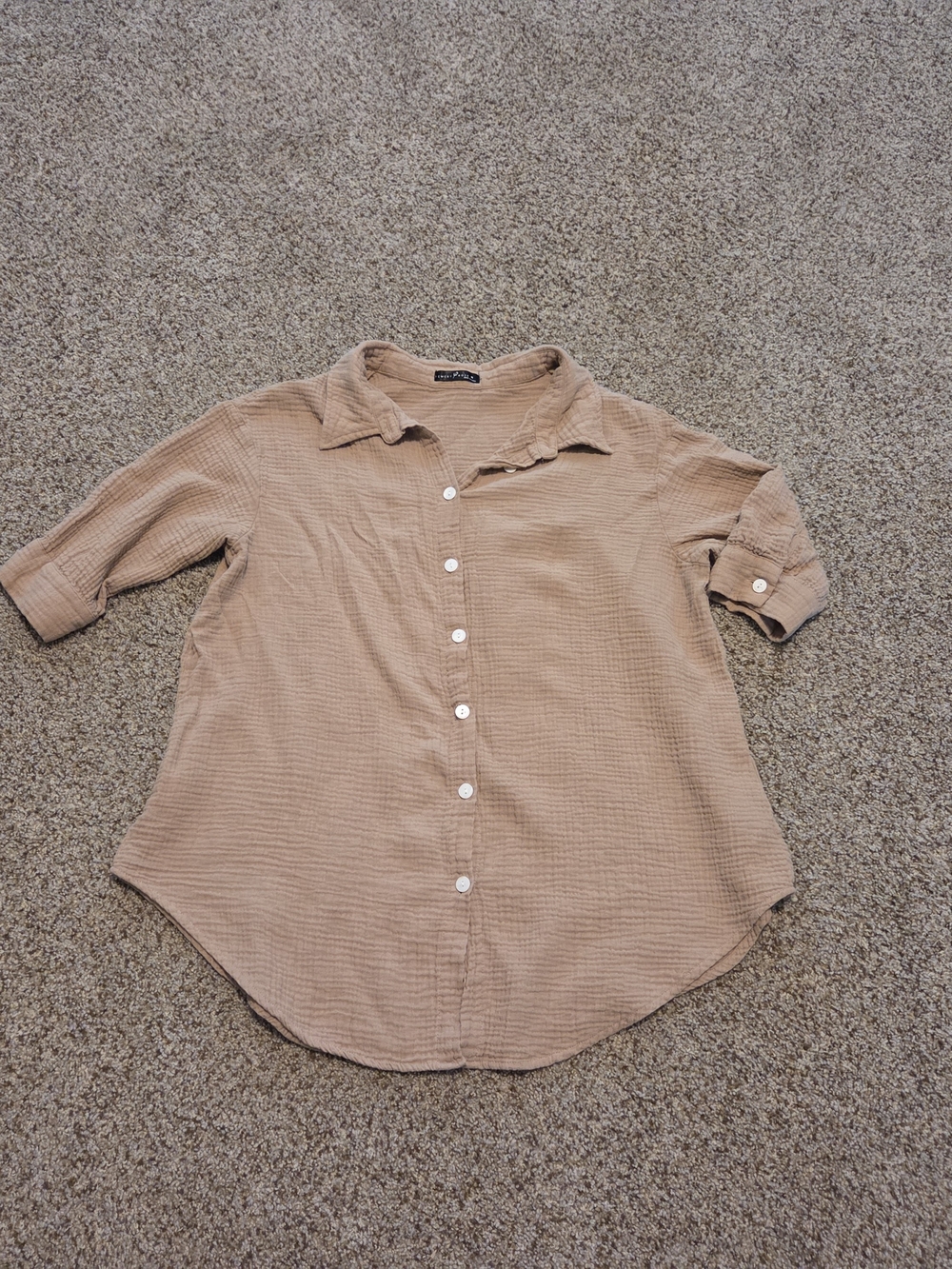 Casual Tan Women's Shirt with Short Button Sleeves (Oversized M; Fit Up To XL)